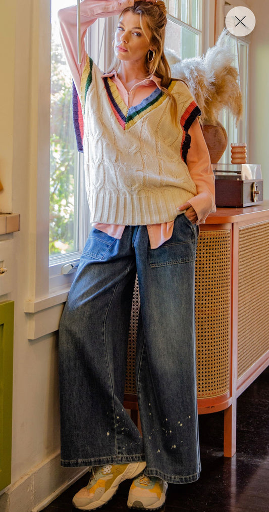 Washed Denim Wide Leg Pants