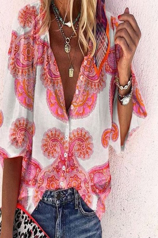 Boho print button down blouse