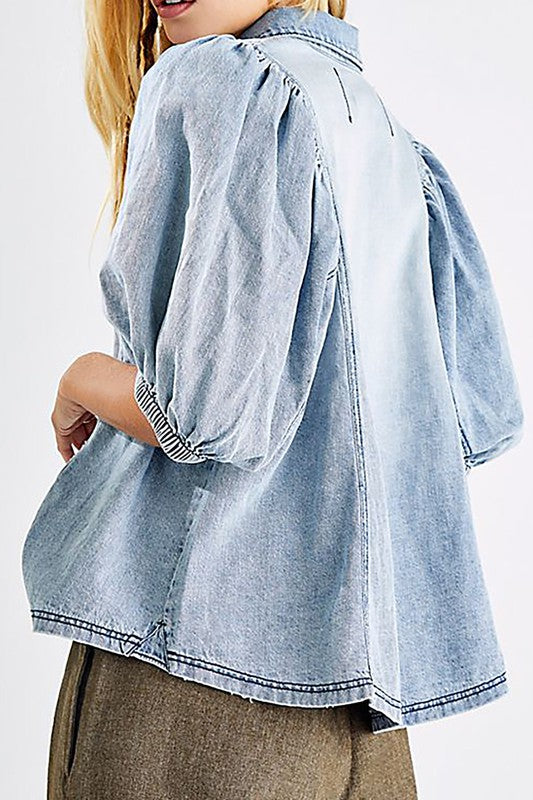 Puff Sleeve Button Down Denim Top